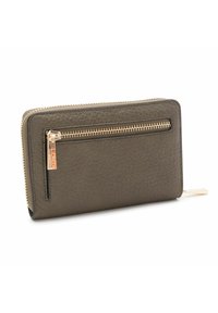 Brown textured leather wallet with a gold zipper, featuring a front zip pocket and a logo accent. Compact rectangular design.