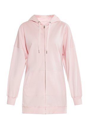 Helle rosa Kapuzenjacke mit Reißverschluss, Kordelzugkapuze, langen Ärmeln, Fronttaschen sowie gerippten Bündchen und Saum aus einem weichen, glatten Stoff.