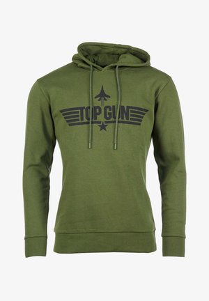 Olivenfarbener Kapuzenpullover aus Baumwolle. Mit einem schwarzen "TOP GUN"-Grafikdesign mit Flügeln und Sternen. Mit Kordeln an der Kapuze.