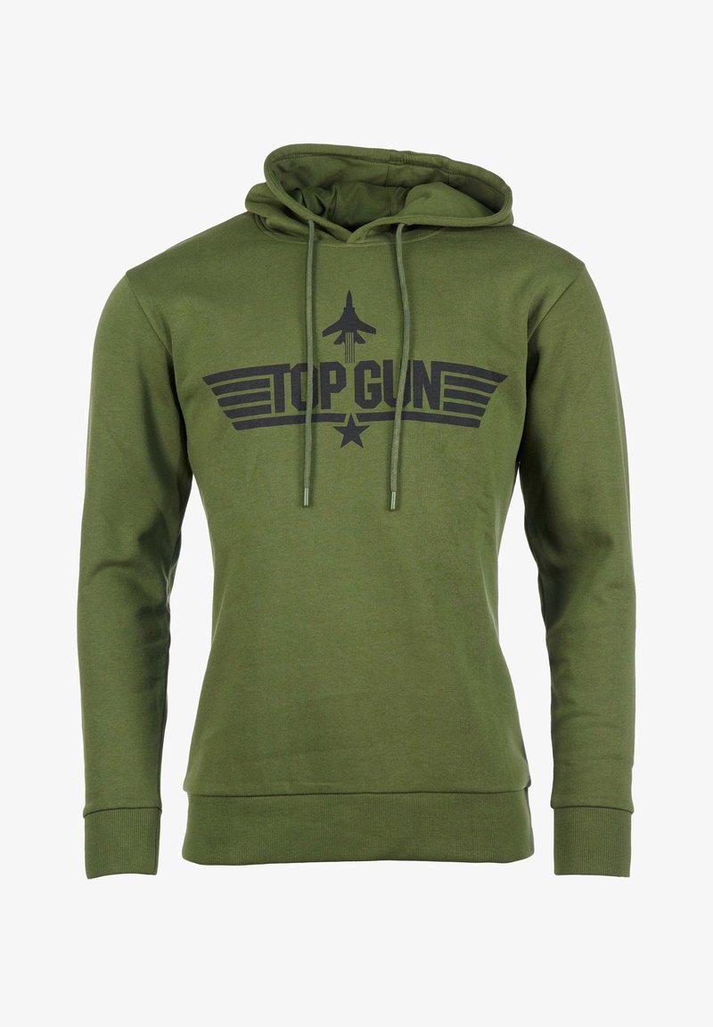 Olijfgroene hoodie van katoen. Heeft een zwarte "TOP GUN" grafiek met vleugels en sterdetails. Bevat trekkoorden bij de capuchon.