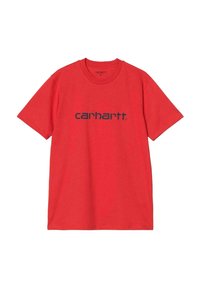 Camiseta de algodón roja con mangas cortas y cuello redondo, que presenta un logo de "carhartt" en azul oscuro impreso en el pecho.