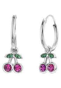 Zilveren ringoorbellen met roze en groene edelstenen in de vorm van kersen, voorzien van groene bladvormen.