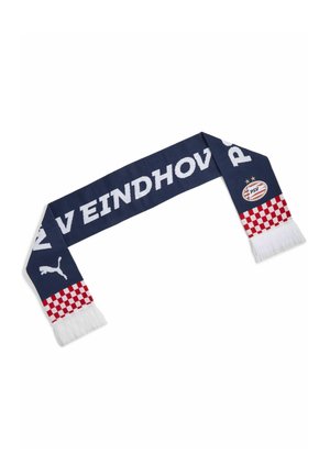 Tummansininen PSV Eindhovenin jalkapalloscarf valkoisella tekstillä, punavalkoruudullisilla päillä, valkoisilla hapsuilla, Puma-logolla ja PSV:n seuran vaakunalla.