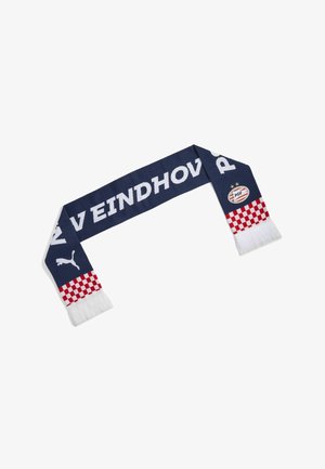 Dunkelblauer PSV Eindhoven Fußballschal mit weißem Text, rot-weißen karierten Enden, weißen Fransen, Puma-Logo und PSV Vereinswappen.