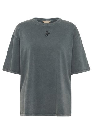 Överdimensionerad grå T-shirt i mjuk bomull, med rund hals och korta ärmar. Inkluderar en svart broderad logotyp på bröstet.