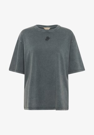 Übergroßes graues T-Shirt aus weichem Baumwollstoff, mit Rundhalsausschnitt und kurzen Ärmeln. Enthält ein schwarzes gesticktes Logo auf der Brust.