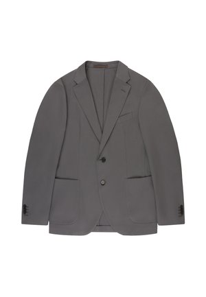 Einreihiger grauer Blazer mit Kerbkragen, zwei aufgesetzten Taschen vorne, Brusttasche und Zwei-Knopf-Verschluss, flach auf weißem Hintergrund präsentiert.