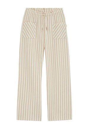 Nohavice širokého strihu z úpletu s vertikálnymi béžovo-bielymi pruhmi, elastickým pásom s nastaviteľnou šnúrkou a dvoma prednými náprsnými vreckami s diagonálnymi pruhmi.