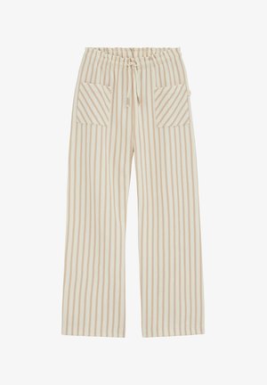 Pantalon large en maille à rayures verticales beige et blanches, taille élastique avec cordon de serrage, et deux poches plaquées avant avec des rayures en diagonale.