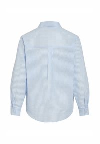 Blue and white striped long-sleeve shirt with a collar, featuring a yoke design, button cuffs, and a rounded hem on the backside.