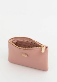 Pink textured leather wallet with a gold zipper and logo detail, featuring a single compartment and card slots inside.