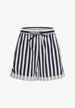 Pantaloncini a righe con motivo blu navy e bianco, vita elasticizzata, coulisse e orlo arrotolato. Realizzati in tessuto leggero.