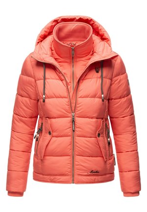 Korálová puffer bunda má zipsový predný zapínanie, kapucňu, dve bočné vrecká na zips a textúrované elastické manžety; ľahký, prešívaný dizajn.