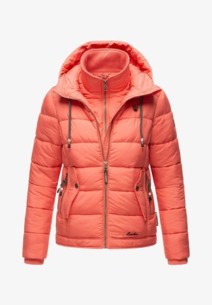 Korallfärgad puffjacka med dragkedja framtill, huva, två dragkedjefickor på sidorna och strukturerade elastiska muddar; lättvikts, vadderad design.
