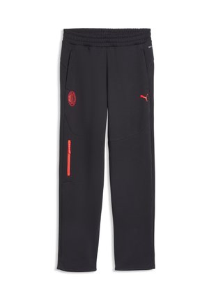 Pantalon de sport noir avec une taille élastique, logo Puma rouge sur la cuisse droite, écusson AC Milan sur la cuisse gauche et poche zippée rouge sur la jambe gauche.