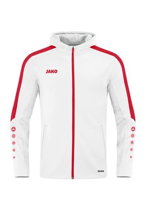 Weißer Reißverschlussjacke mit roten Seitenstreifen, Logo auf der Brust und einzigartigen Knopfdetails an den Ärmeln. Hergestellt aus glattem Stoff, verfügt über eine Kapuze.