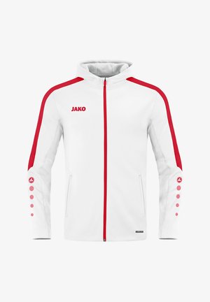 Giacca bianca con zip, strisce laterali rosse, logo sul petto e dettagli unici sui bottoni delle maniche. Realizzata in tessuto morbido, presenta un cappuccio.