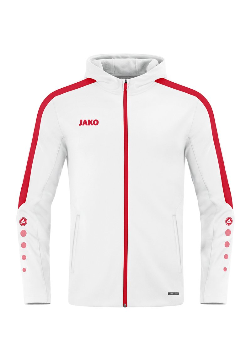 Giacca bianca con zip, strisce laterali rosse, logo sul petto e dettagli unici sui bottoni delle maniche. Realizzata in tessuto morbido, presenta un cappuccio.