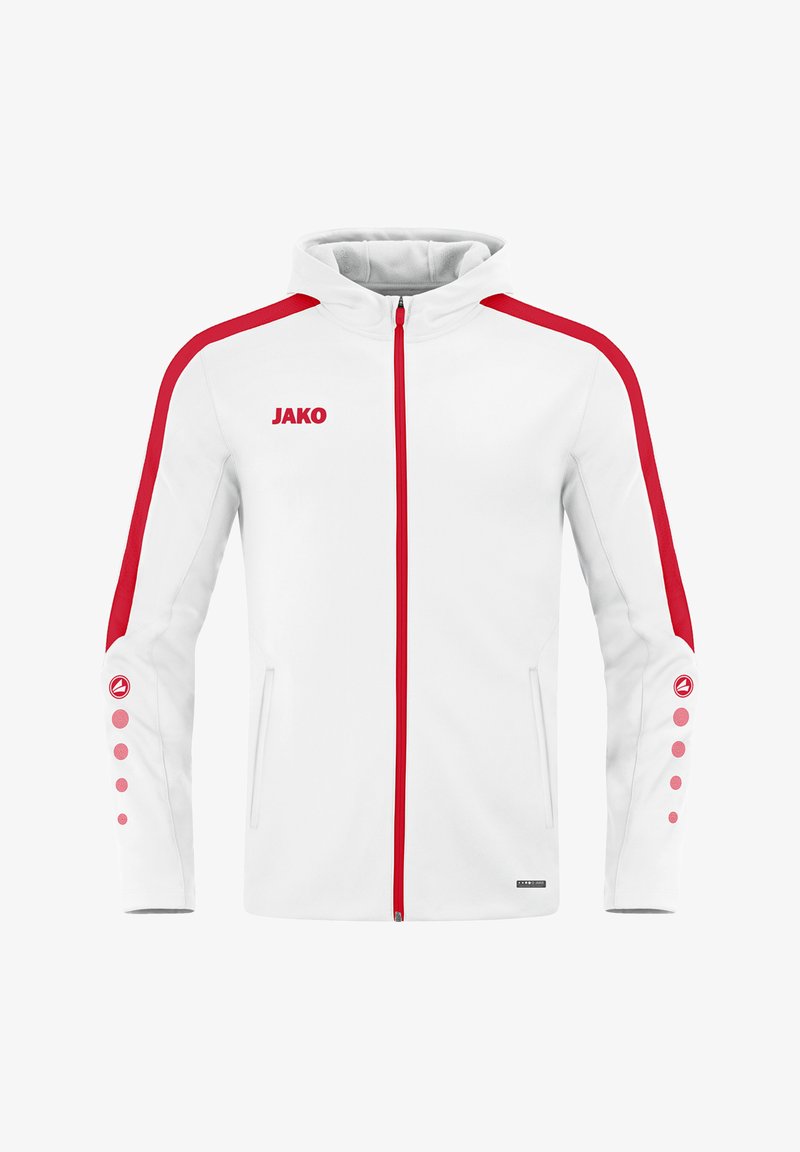 Weißer Reißverschlussjacke mit roten Seitenstreifen, Logo auf der Brust und einzigartigen Knopfdetails an den Ärmeln. Hergestellt aus glattem Stoff, verfügt über eine Kapuze.