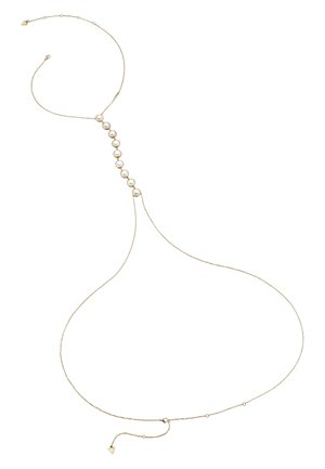 Goldkette mit verlinkten, kreisförmigen Elementen und einem dreieckigen Anhänger am Ende, mit einer zarten, strukturierten Oberfläche.