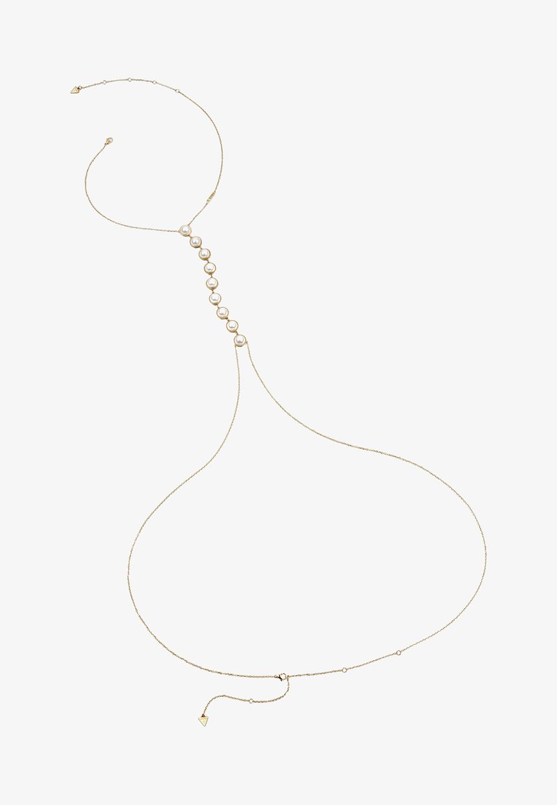 Gouden ketting met schakelvormige cirkelvormige elementen en een driehoekige hanger aan het einde, met een delicate, geëtste afwerking.