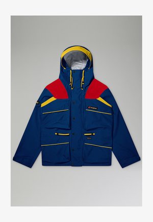 Blue waterproof jacket with red and yellow accents, front pockets, hood, and adjustable drawstrings. Features zip and snap closures.