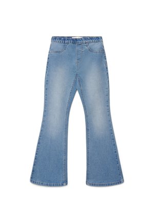 Jeans in denim azzurro chiaro con vita elastica, tasche frontali e gambe ampie svasate, mostrati distesi su sfondo bianco.