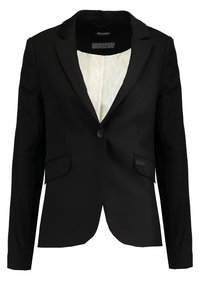 Blazer nero con vestibilità su misura, dotato di chiusura a un bottone, due tasche frontali e un rivestimento interno trapuntato di colore crema.