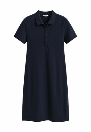 Navy blue short-sleeve polo dress with collar and three-button placket, made from textured fabric, knee-length.
