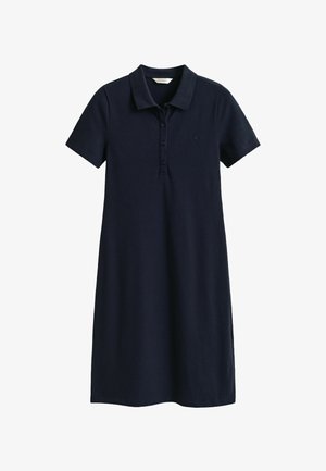 Navy blue short-sleeve polo dress with collar and three-button placket, made from textured fabric, knee-length.