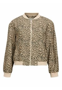 Veste bombardier imprimé léopard avec une base beige, col et poignets côtelés, fermeture éclair, et tissu léger.