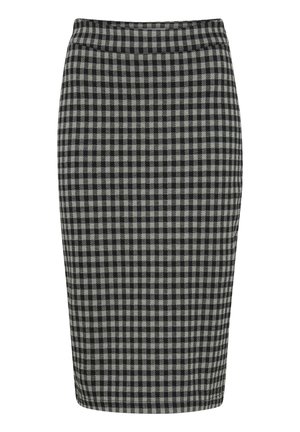 Jupe crayon en gingham noir et gris, design ajusté, longueur genoux, avec une texture lisse et un léger extensibilité. Pas de matériel ou d'accent visible.