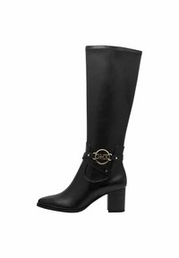 Black knee-high leather boot with a square toe, chunky heel, and gold-tone logo-accented strap across the ankle. Smooth texture.