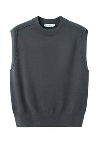 Ärmlös mörkgrå jumper med rund halsringning, ribbat avslut och axelsömmar. Tygets yta verkar slät och något elastisk.