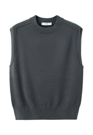 Maglione senza maniche grigio scuro con scollatura rotonda, orlo a coste e cuciture sulle spalle. La trama del tessuto appare liscia e leggermente elastica.