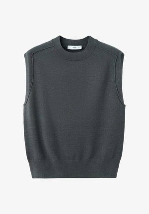 Svetnik brez rokavov v temno sivi barvi z okroglim izrezom, rebrastim robom in šivom na ramenih. Tkanina ima gladko in nekoliko raztegljivo teksturo.