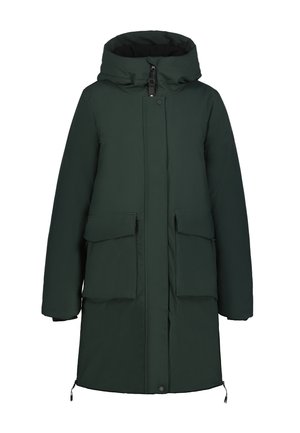 Parka larga de invierno en verde oscuro con capucha, cremallera frontal, botones a presión y dos grandes bolsillos con solapa.