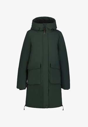 Donkergroene lange winterparka met capuchon, rits aan de voorkant, drukknoopsluitingen en twee grote klepzakken.