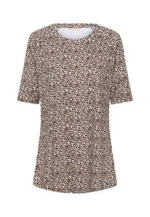 T-shirt met luipaardprint, ronde halslijn, korte mouwen en een ontspannen pasvorm. De stof heeft beige, bruine en zwarte tinten in verschillende patronen.
