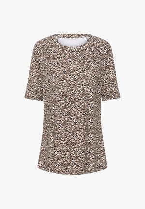 T-shirt met luipaardprint, ronde halslijn, korte mouwen en een ontspannen pasvorm. De stof heeft beige, bruine en zwarte tinten in verschillende patronen.