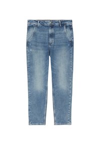 Vaaleansiniset suorat farkut, joissa on haalistuneita kohtia, viisi taskua sekä saumakoristelut vyötäröllä ja lahkeensuissa.