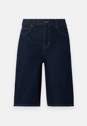 Donkerblauwe denim shorts tot op de knieën met voorzakken, lussen voor een riem, knoopsluiting en zichtbare contrasterende stiknaden.