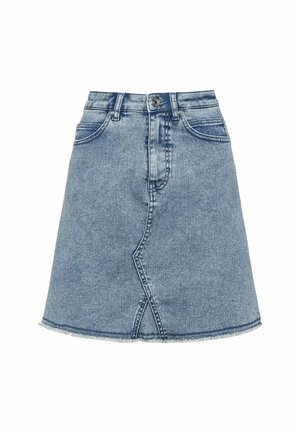 Jeanskjol i A-linje i ljusblått med en råa kanter, utrustad med en främre sömdetalj och traditionell design med fem fickor.