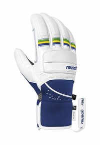Guante de portero con palma de látex blanca, cuerpo textil azul marino y franjas de acento en verde, azul y amarillo. Características de espinilleras protectoras en los dedos.