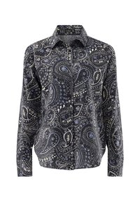 Camicia a maniche lunghe di colore blu navy con un motivo paisley che presenta accenti floreali bianchi e azzurri. Design con colletto e chiusura a bottoni.