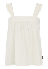 Jasny kremowy bezrękawnik z falbaniastymi ramiączkami, marszczonym dekoltem i teksturowanym materiałem. Posiada prostą sylwetkę oraz boczną metkę.