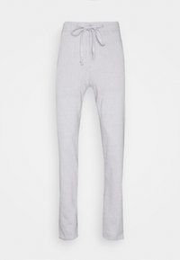 Světlé šedé lněné kalhoty s páskem na stahování, slim fit, hladká textura, rovný střih a bez viditelných vzorů.