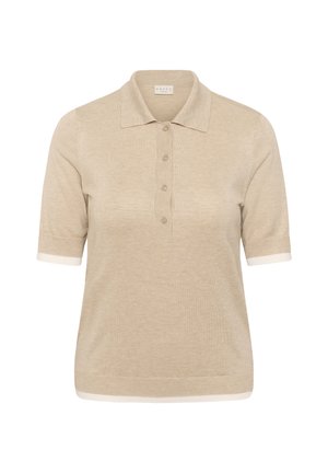 Beige Strick-Poloshirt mit kurzen Ärmeln, vier Knöpfen, weicher Textur und dezentem weißen Besatz an Bündchen und Saum.