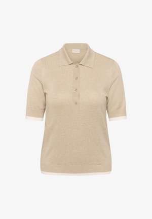 Beige Strick-Poloshirt mit kurzen Ärmeln, vier Knöpfen, weicher Textur und dezentem weißen Besatz an Bündchen und Saum.