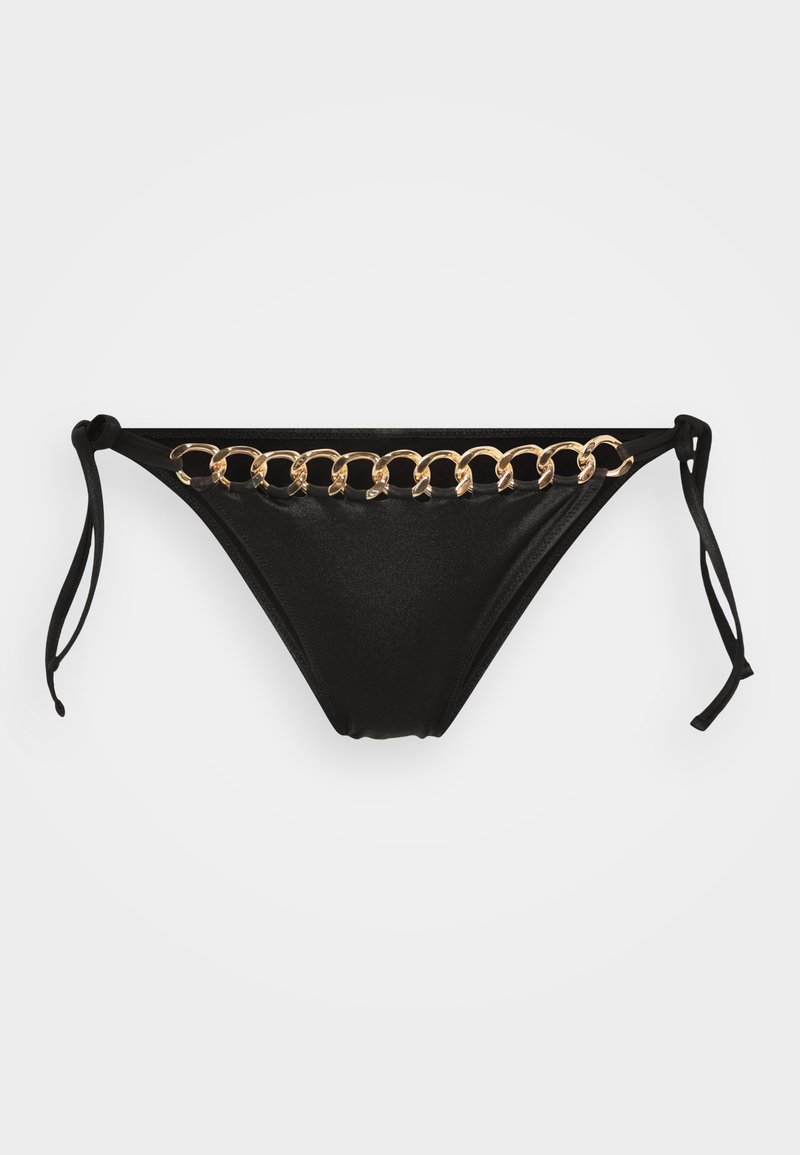 Zwarte bikini onderkant met glanzende gouden kettingdetails rond de taille. Voorzien van zijstriksluitingen en een soepele, gestructureerde stof.